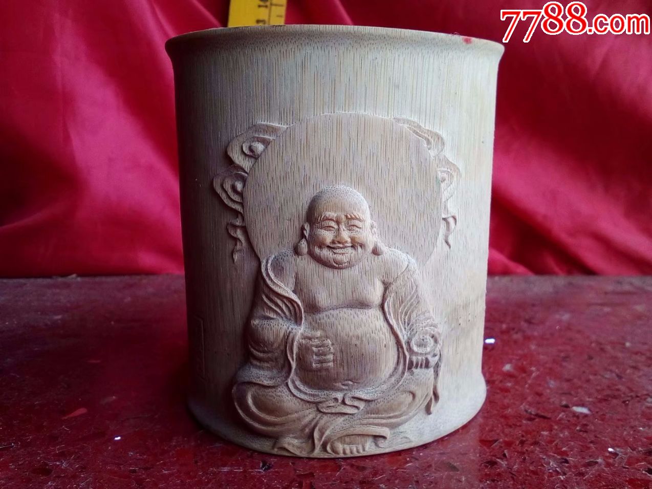 一口价,保证纯手工雕刻人物弥勒佛精品竹雕笔筒,一分钱一分货