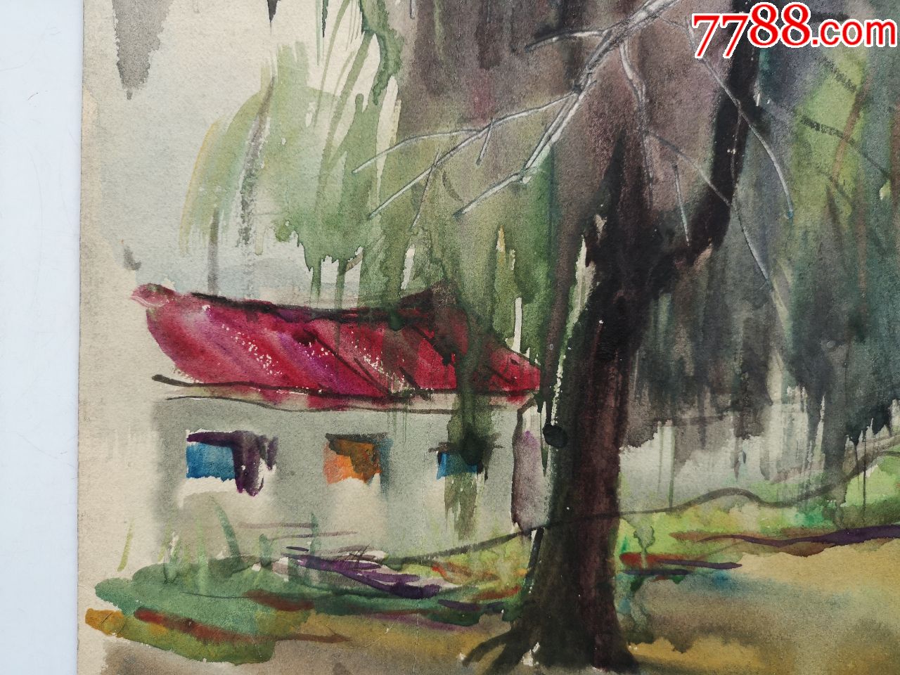 曹小平作品80-90年代水彩画稿原稿《村庄(签名在背面)_价格200.