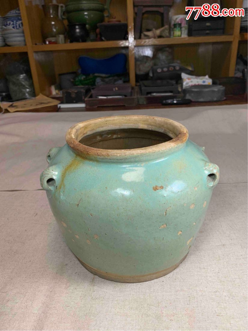 古董古玩收藏杂项清代四耳绿釉罐罐子紫砂罐老砂