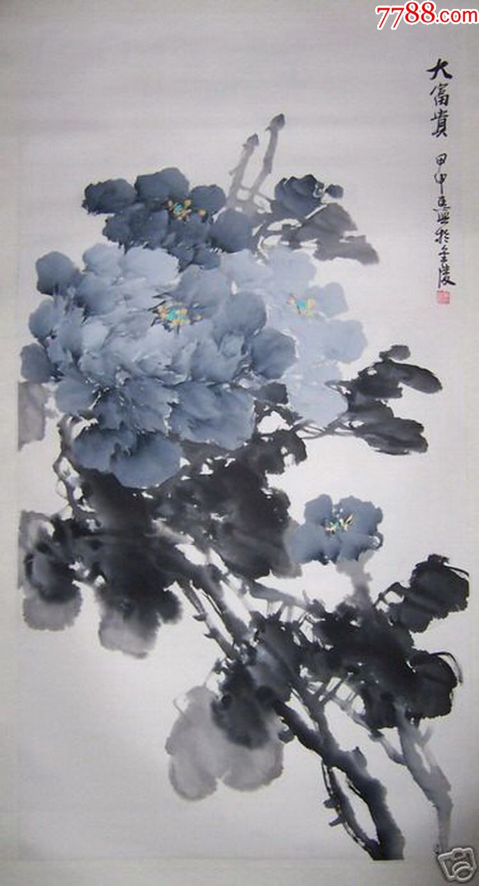 h324丁惠兴精裱3尺整张水墨牡丹《大富贵》立轴附收藏证书