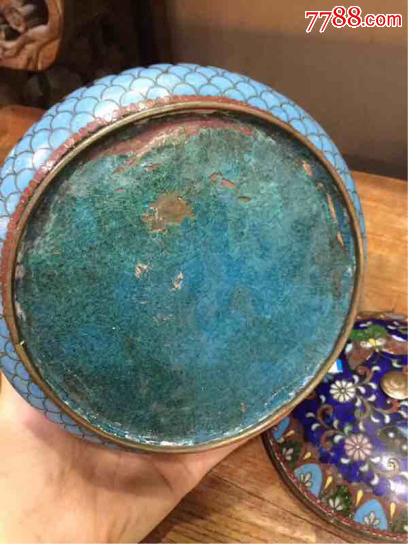 民国七宝烧花蝶图纹茶叶罐底有爆釉见图描述高15厘米口径13厘米1600