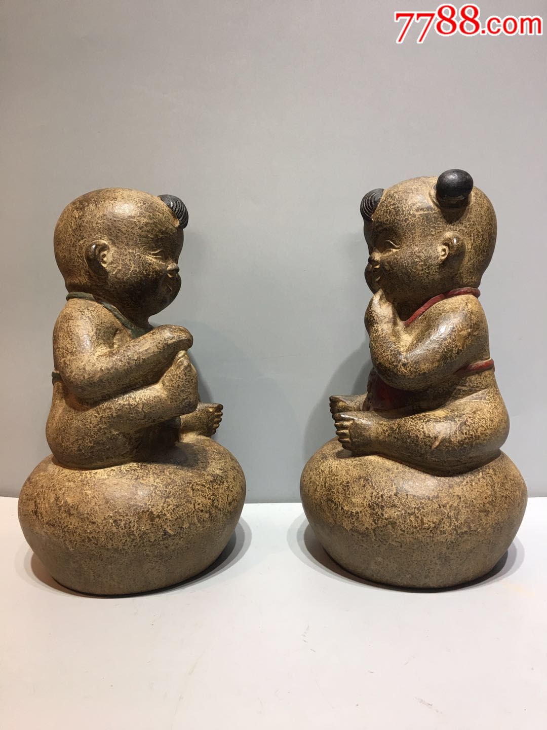 青石,金童玉女一对,形象可爱可亲,吉祥如意,送财送福