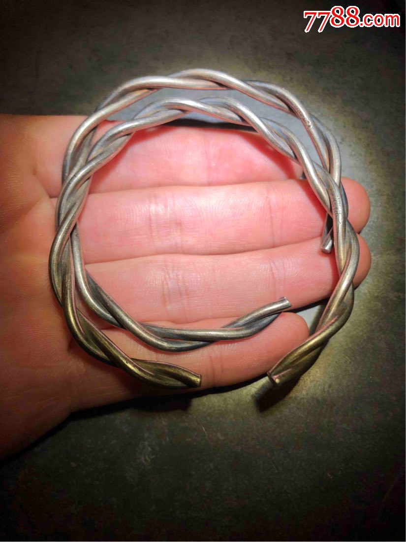 清代老银绞丝镯一对