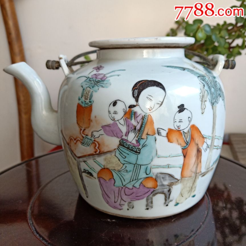 晚清名家郑义福作品粉彩人物提梁壶全品如图包老保真