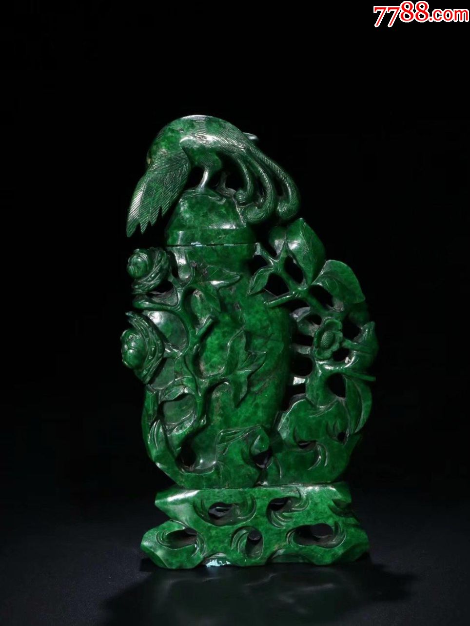 老翡翠干青雕花鸟赏瓶摆件