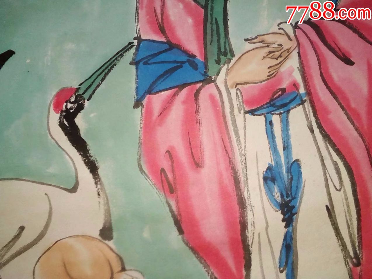 八*十年代纯手工绘画人物画国画麻姑寿星一起去祝寿图,挂轴原裱