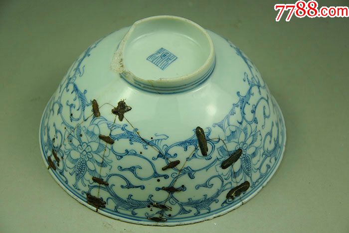 青花瓷缠枝莲纹花卉碗锔瓷景德镇老瓷器古玩陈设摆件包老藏品_价格