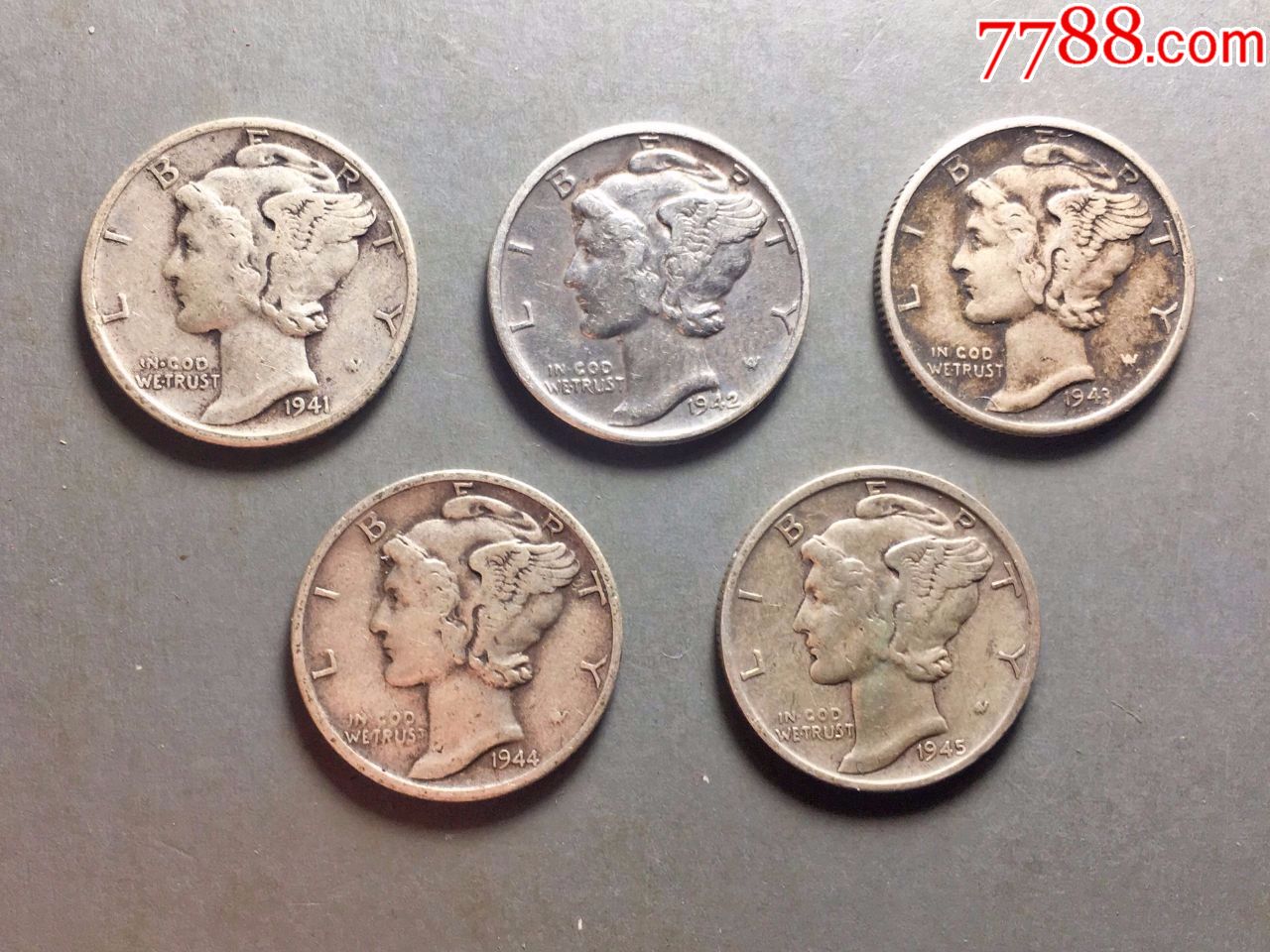 1941年~1945年小飞侠10美分银币5枚5个年份!