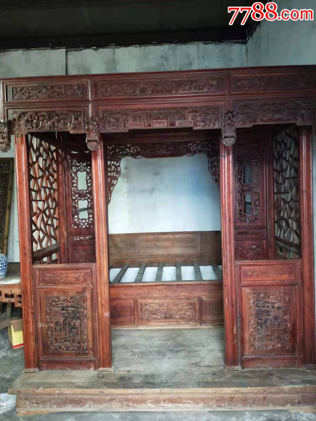 清代柏木二进拨步床,雕刻精细,全品包老,-木床/木榻-7788旧家具收藏