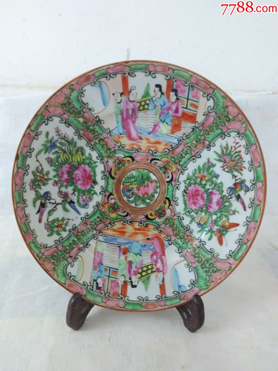 3726全品晚清民国庭院人物花鸟纹广彩大盘
