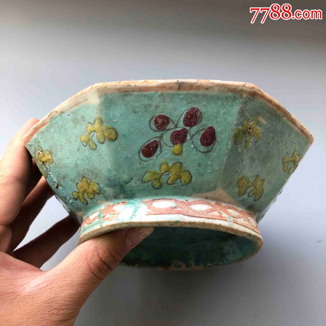 古瓷器,晚清松石绿粉彩花卉八角碗