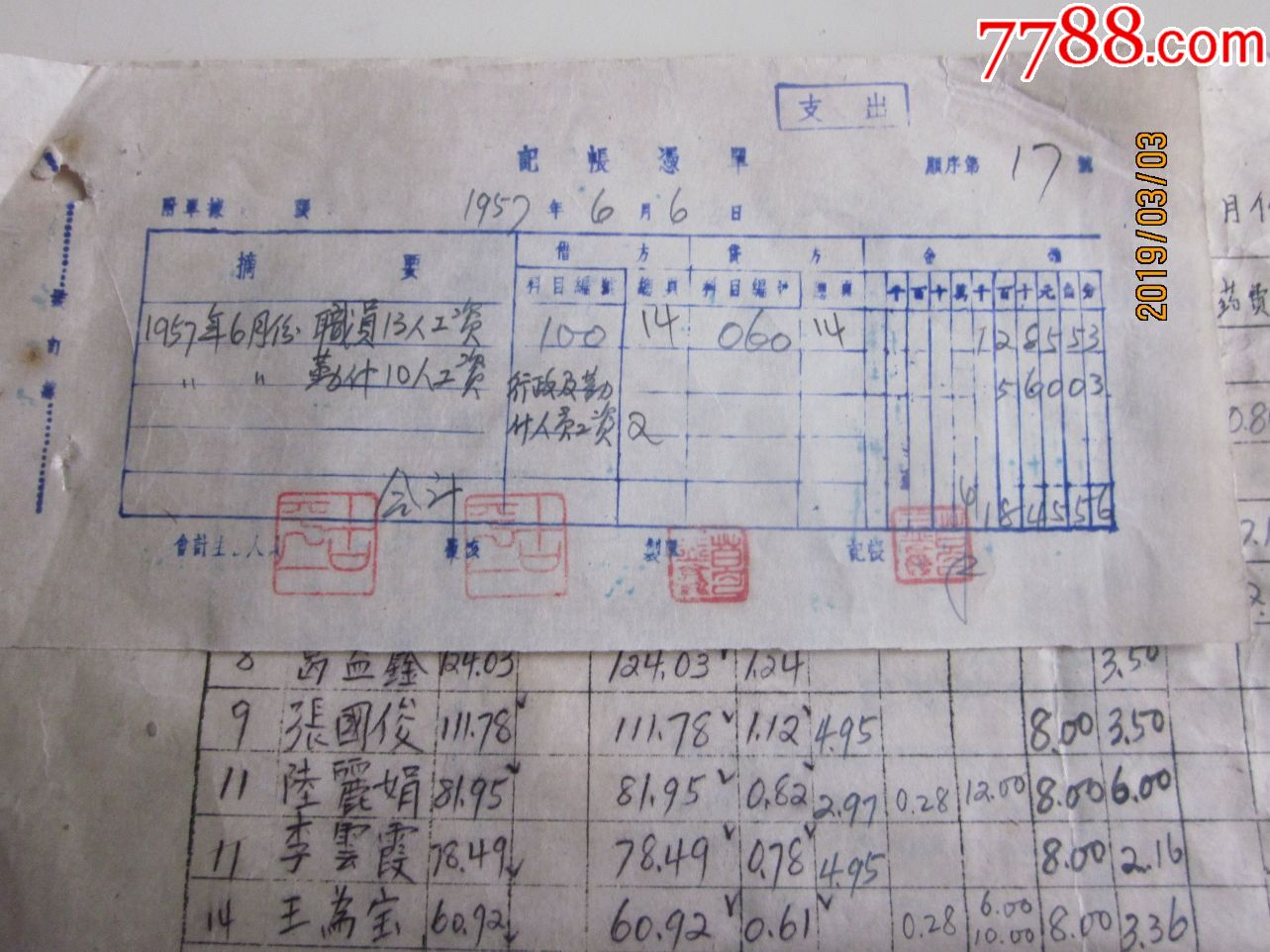57年,上海海关学校6月份行政勤杂人员工资表,