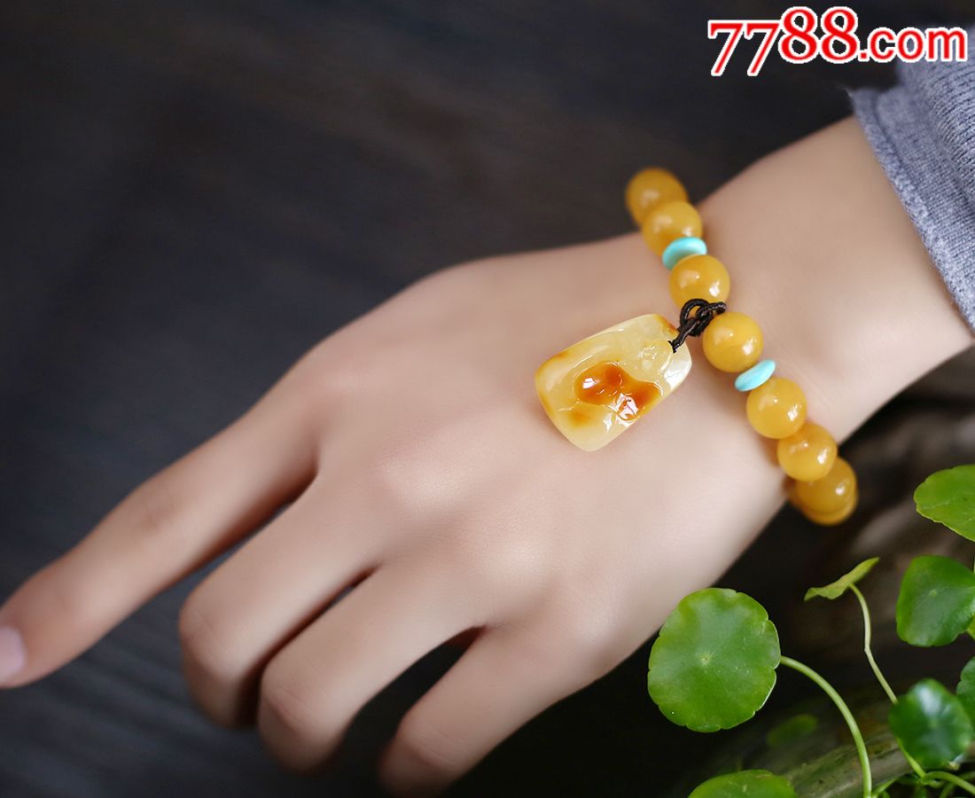 8mm手链,配珠绿松石,点缀天然蜜蜡"悟道"吊坠