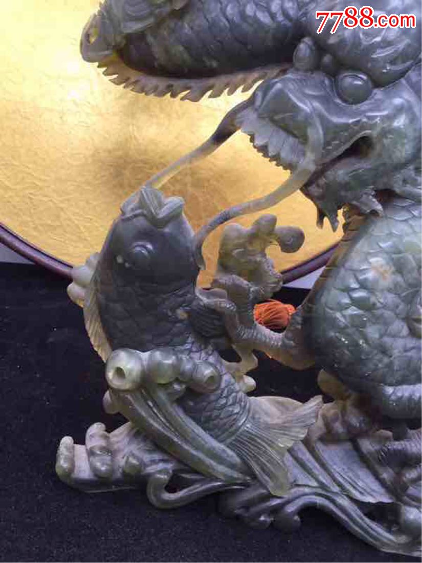 创汇时期岫玉雕刻鱼化龙摆件全品高33厘米宽10厘米