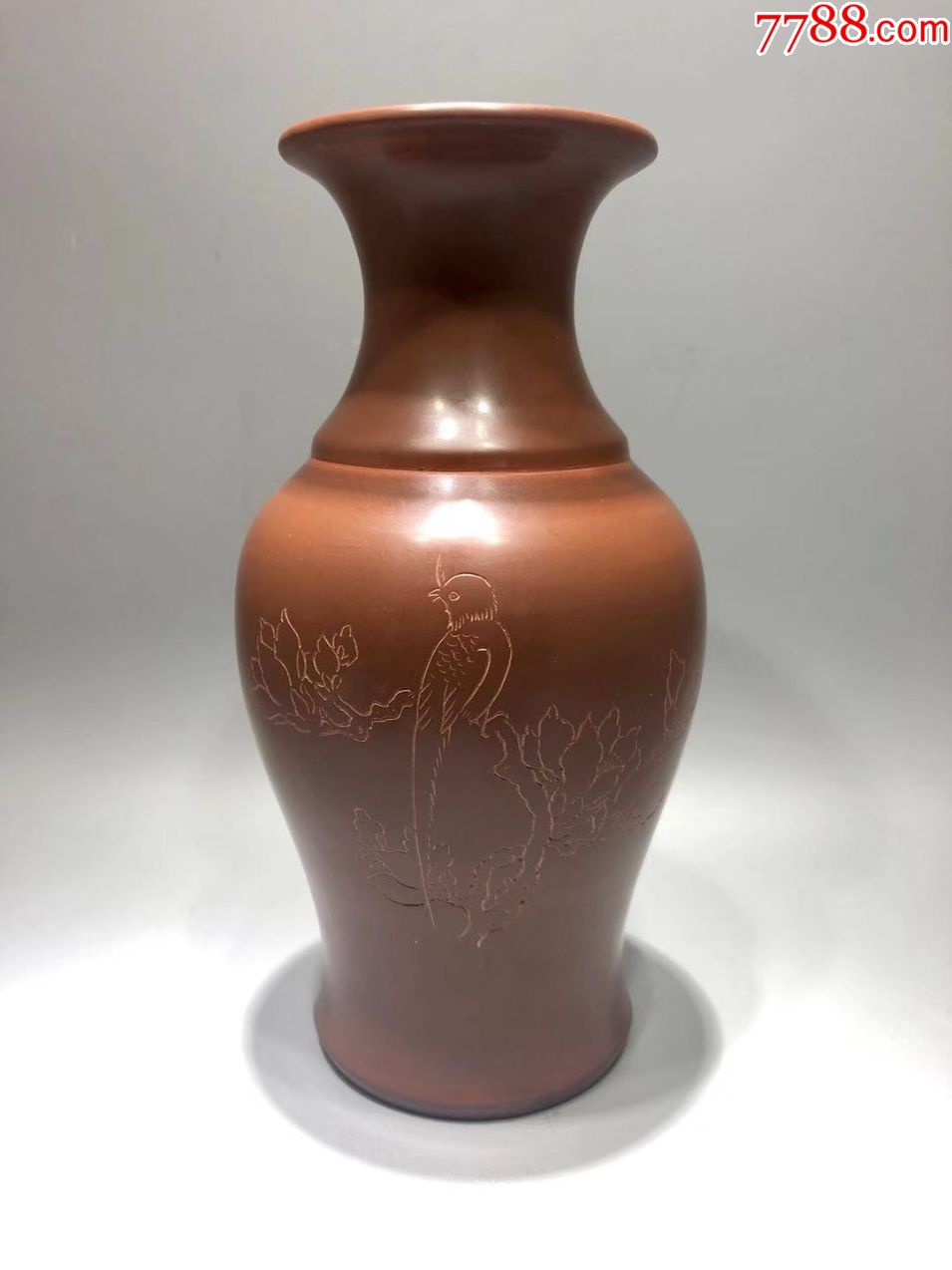 民国钦州紫砂刻花鸟瓶