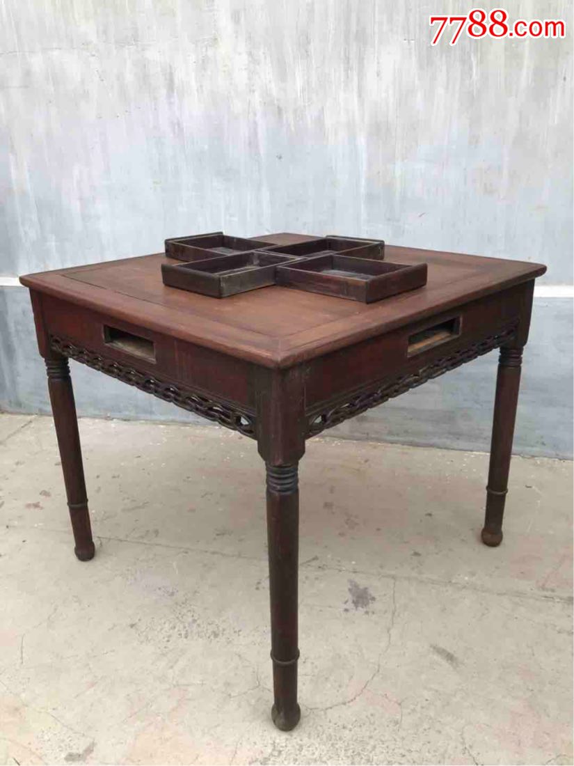 民国花梨木香红木大尺寸麻将桌四方桌双拼桌面木纹清晰抽屉完整四面