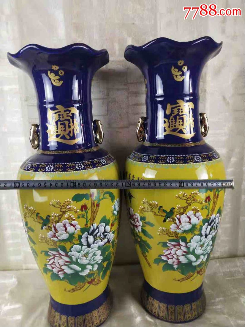 景德镇落地双耳玉堂富贵大花瓶一对,纯手绘图案,黄金镶边,瓶口荷叶边