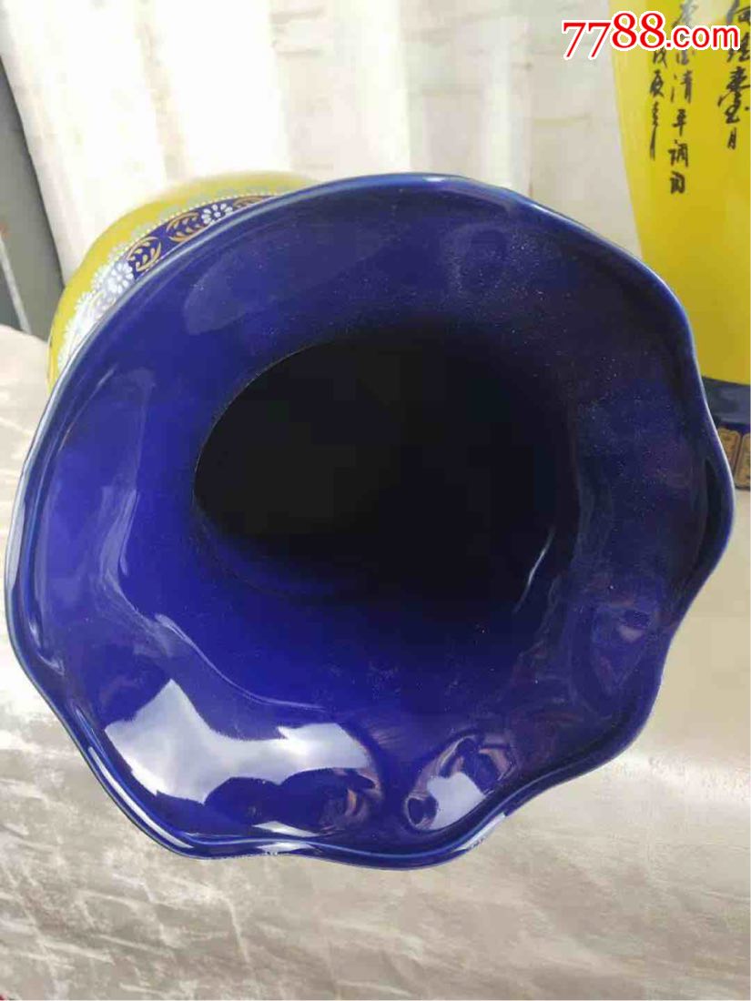 景德镇落地双耳玉堂富贵大花瓶一对,纯手绘图案,黄金镶边,瓶口荷叶边
