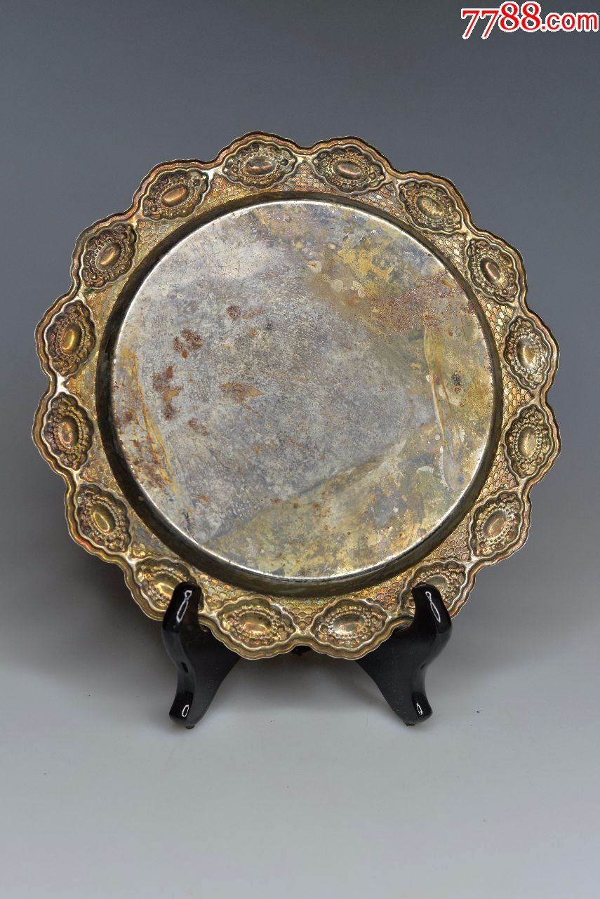 西洋铜银器回流上世纪外国欧洲老古董收藏品花卉铜鎏银金属老托盘