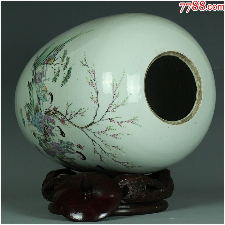 大名家毛子荣的全品相真古董!民国树下四美图粉彩大冬瓜罐
