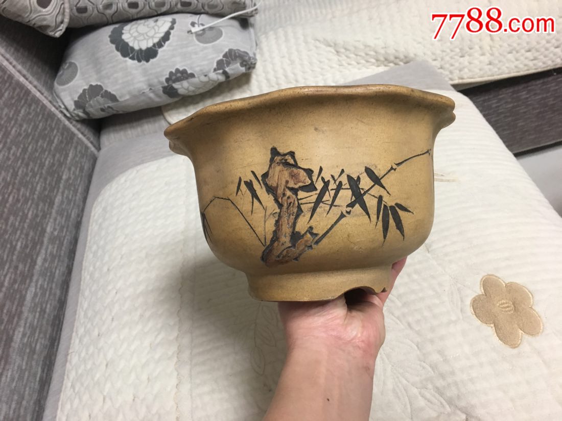 五十年代名家云兵刻葵口竹石清供紫砂花盆