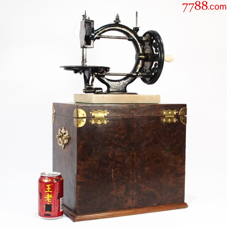 老古董1867年加拿大r.m.wanzer机械老式手摇弹头飞梭缝纫机带箱