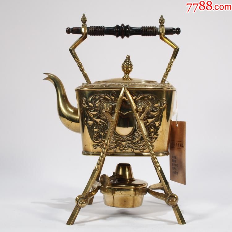西洋古董老式精美铜器黄铜茶壶水壶咖啡壶带支架加热小煤油灯8品