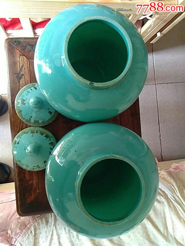 古天青色琉璃冬瓜坛子一对