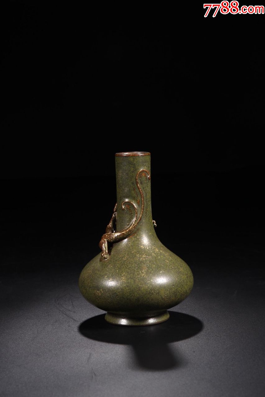 旧藏"乾隆年制"款茶叶末釉堆塑龙纹长颈瓶_黄釉瓷_第1张_7788瓷器