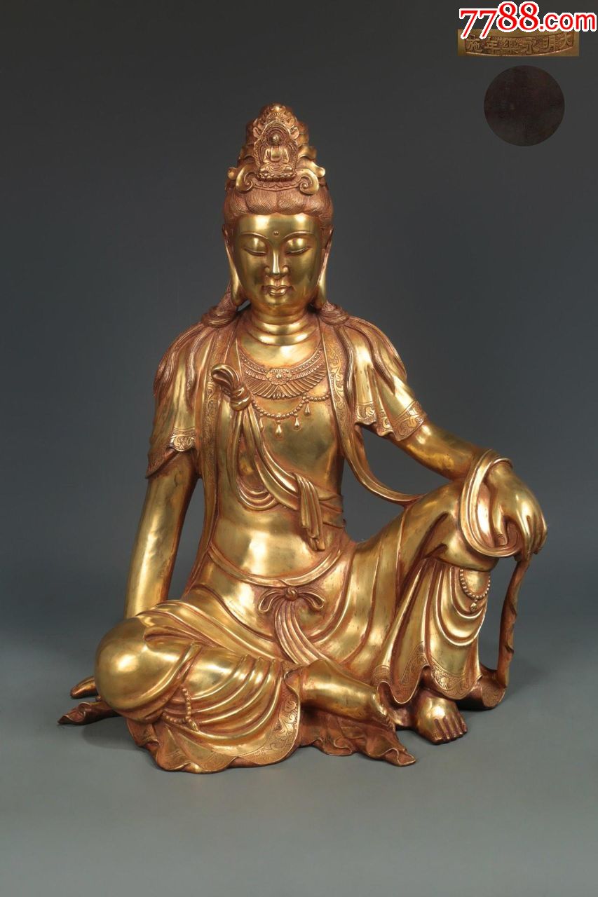 精铸铜胎鎏金自在观音坐像观音呈游戏坐姿