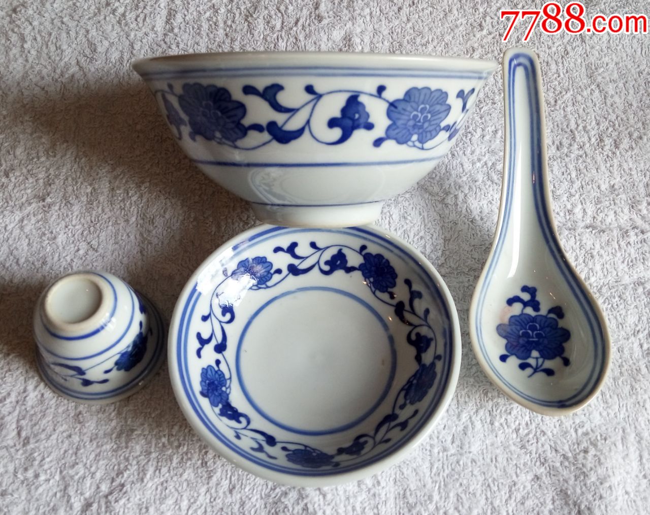 80年代芙蓉花青花餐具4件套