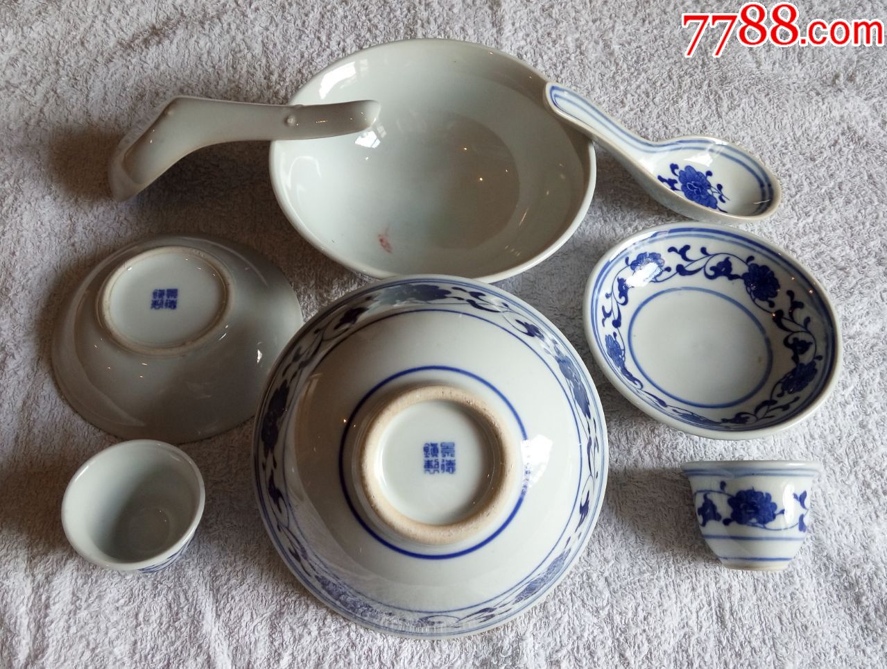 80年代芙蓉花青花餐具4件套二套