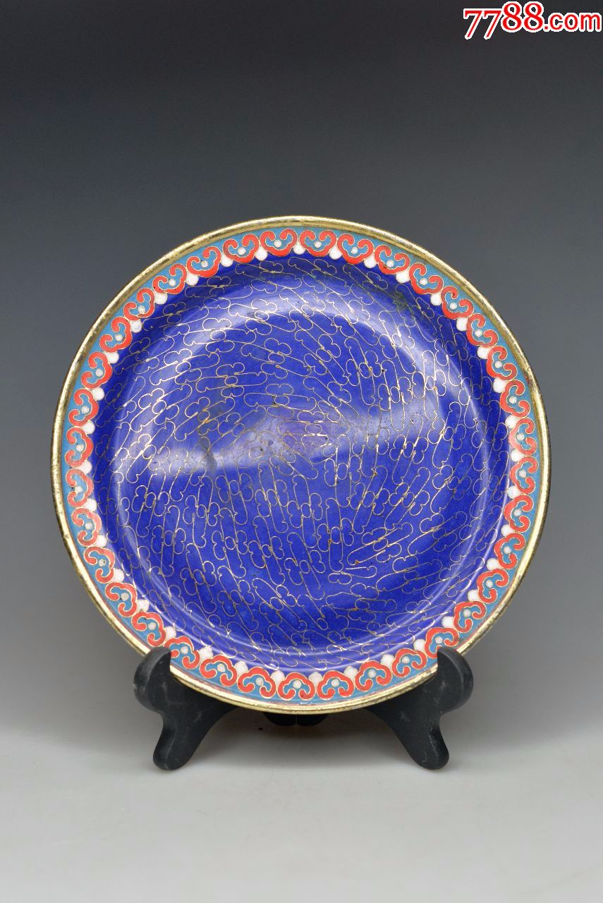 外销回流创汇期蓝釉老货库存铜胎掐丝珐琅景泰蓝云纹老盘子碟宫廷