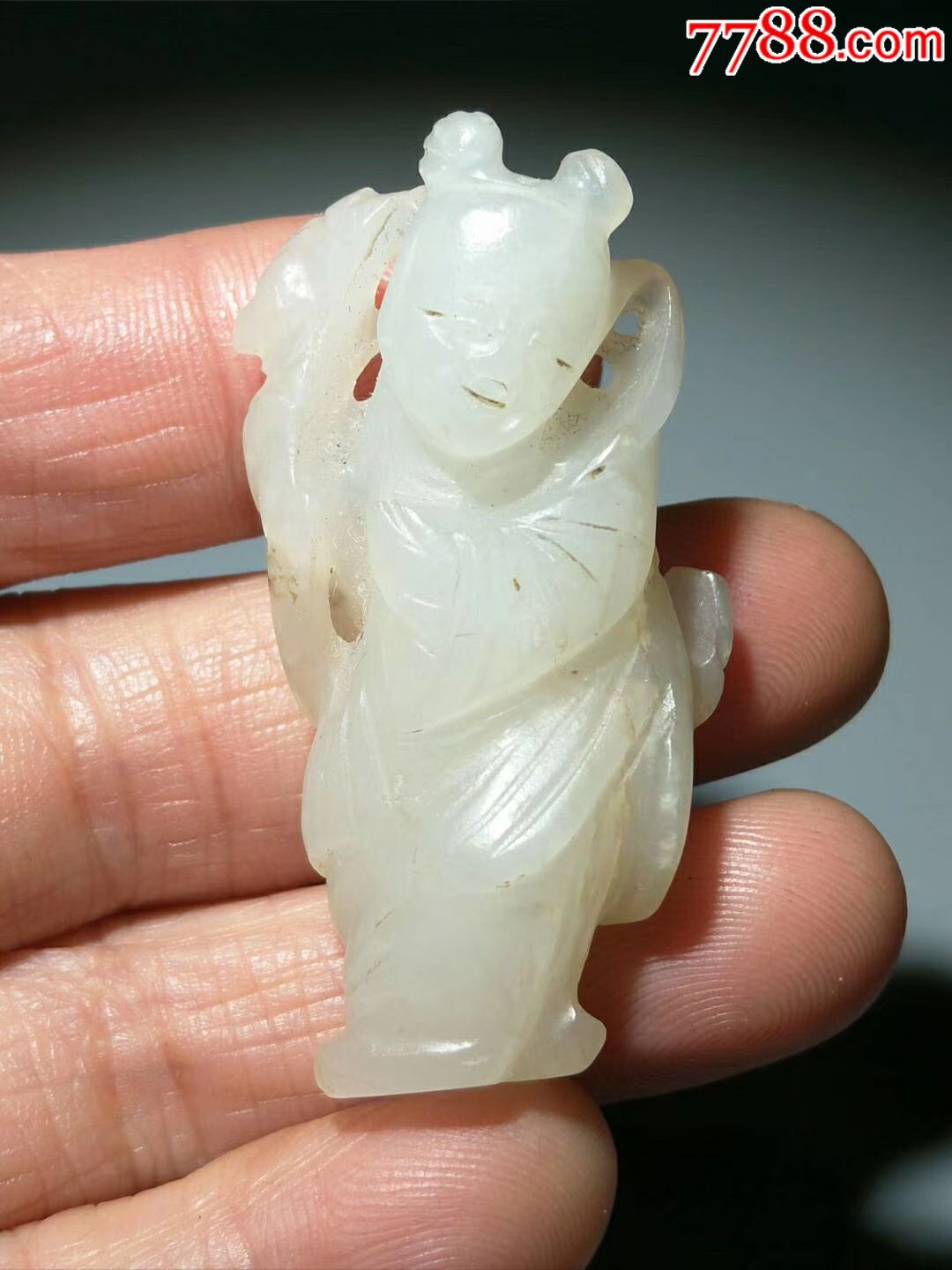 明代★和田白玉持莲童子-和田玉-7788收藏