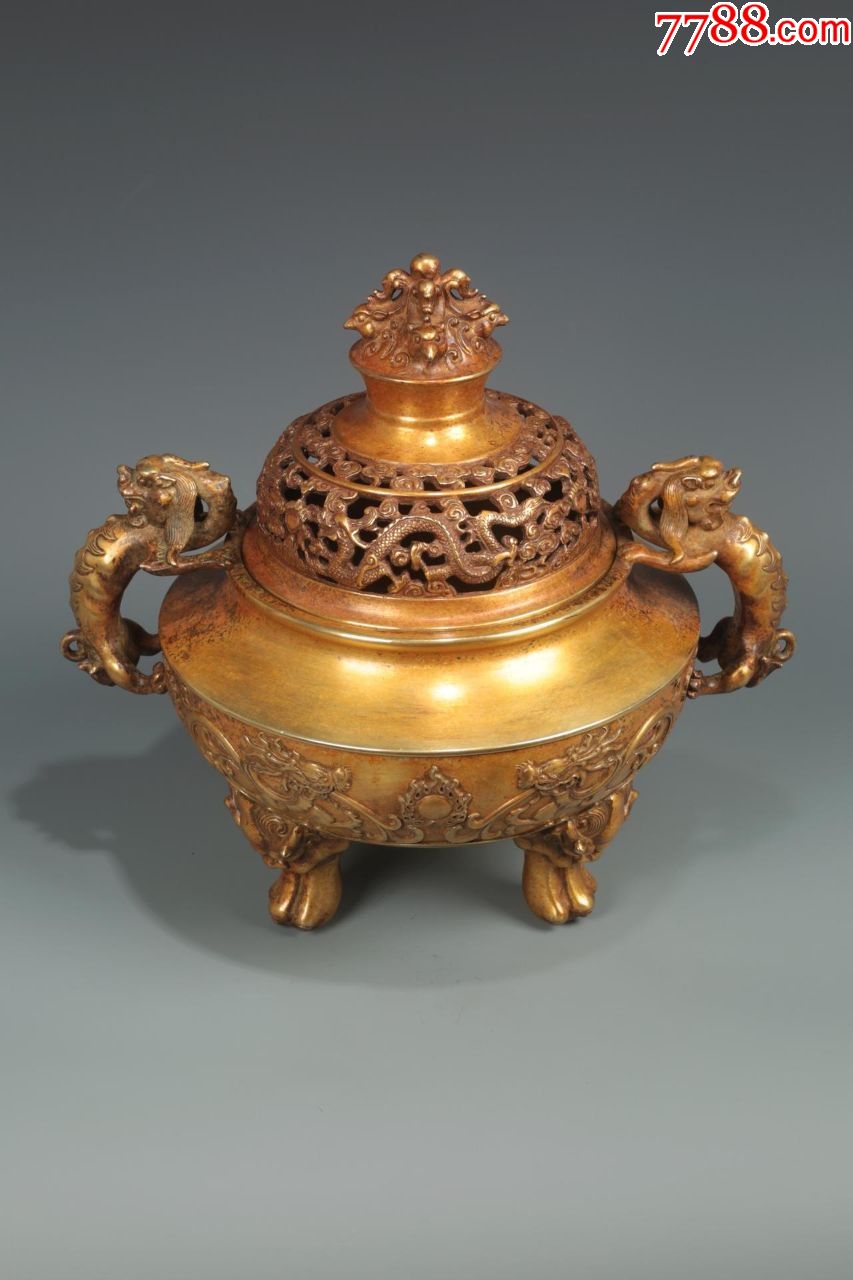 大明宣德五年监制款精铸铜胎鎏金双龙戏珠纹兽足螭龙耳熏炉_价格