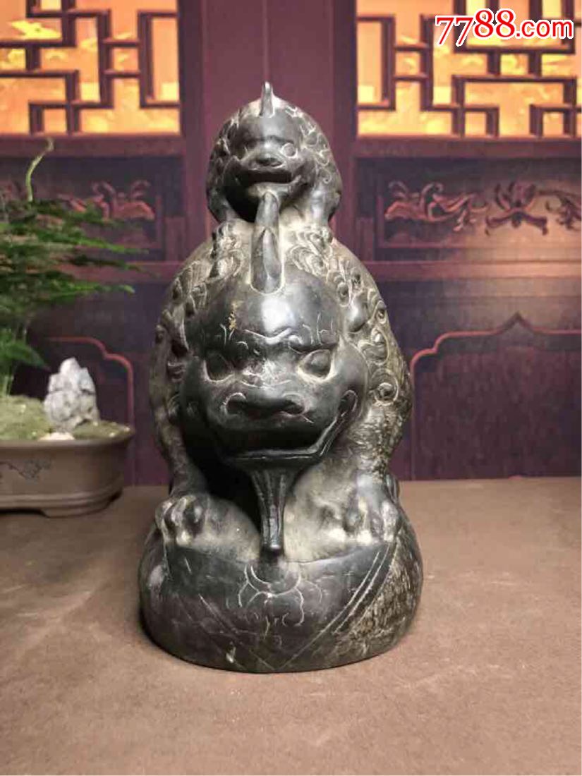 古玩老黑青油石子母吸水兽石雕案头貔貅麒麟瑞兽摆件居家复古雅玩