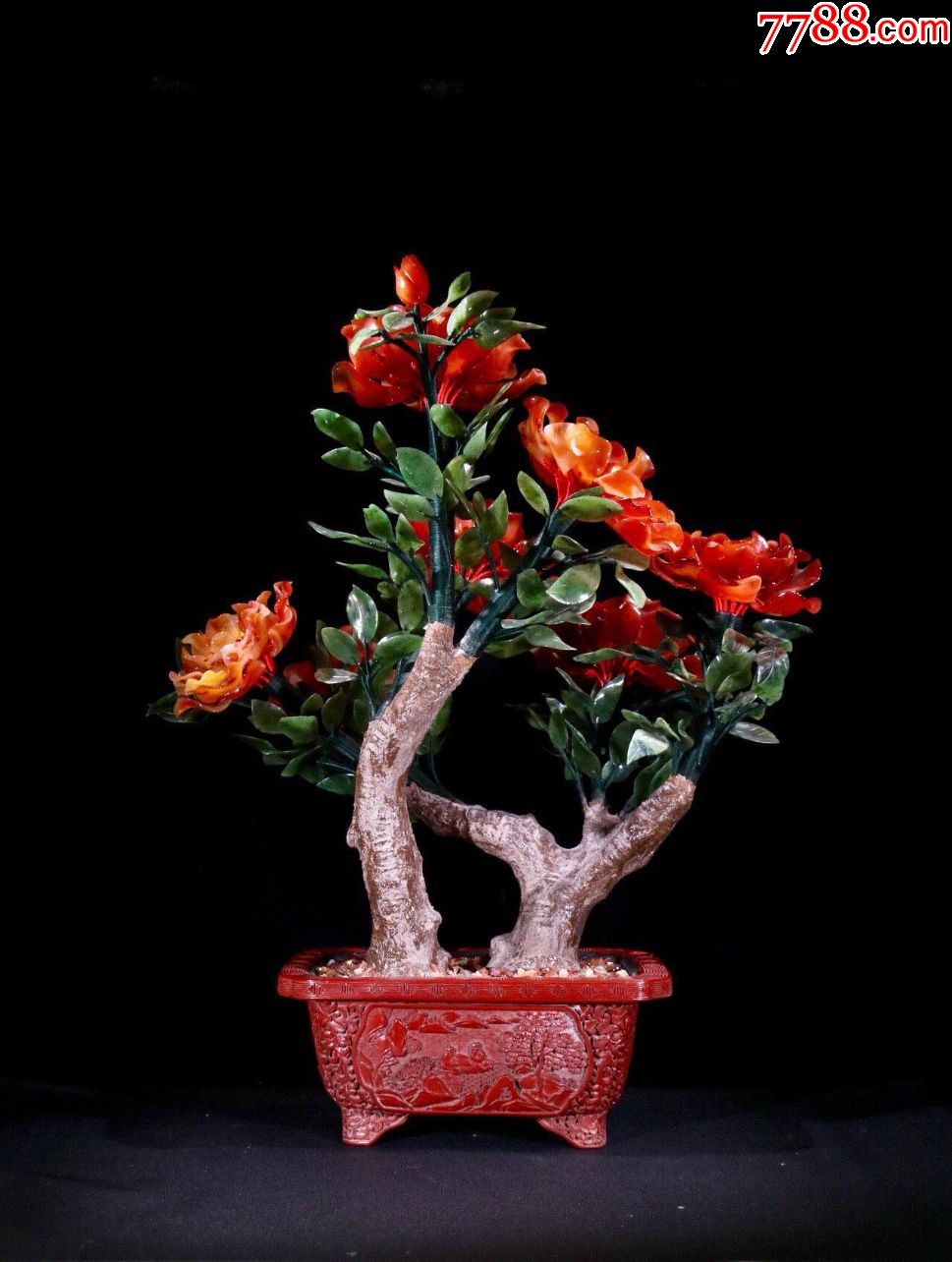 旧藏雕漆-"牡丹花·盆景"一对