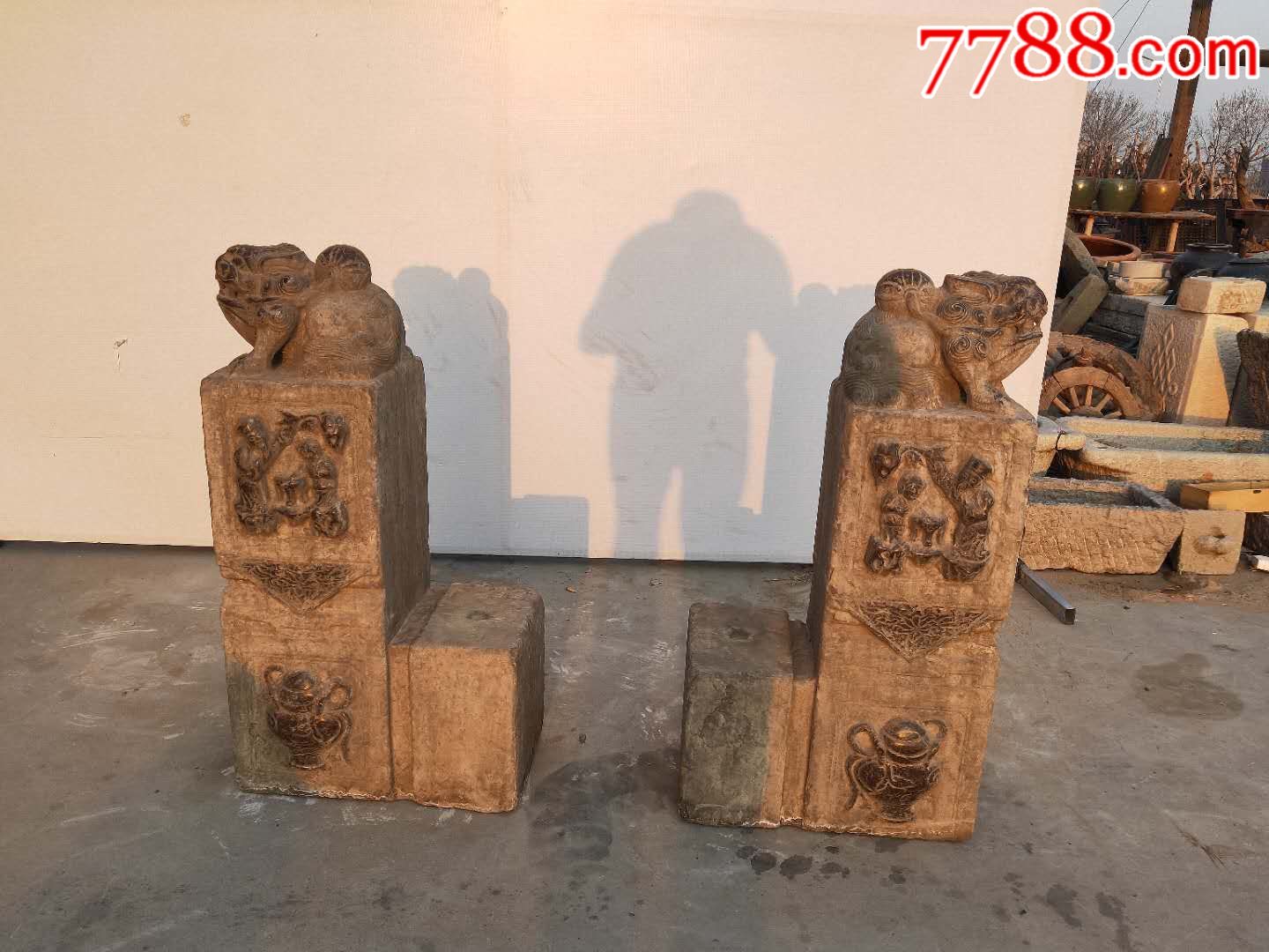 清代青石狮子门墩一对精雕细琢包浆浑厚全品包老尺寸高95长52宽28