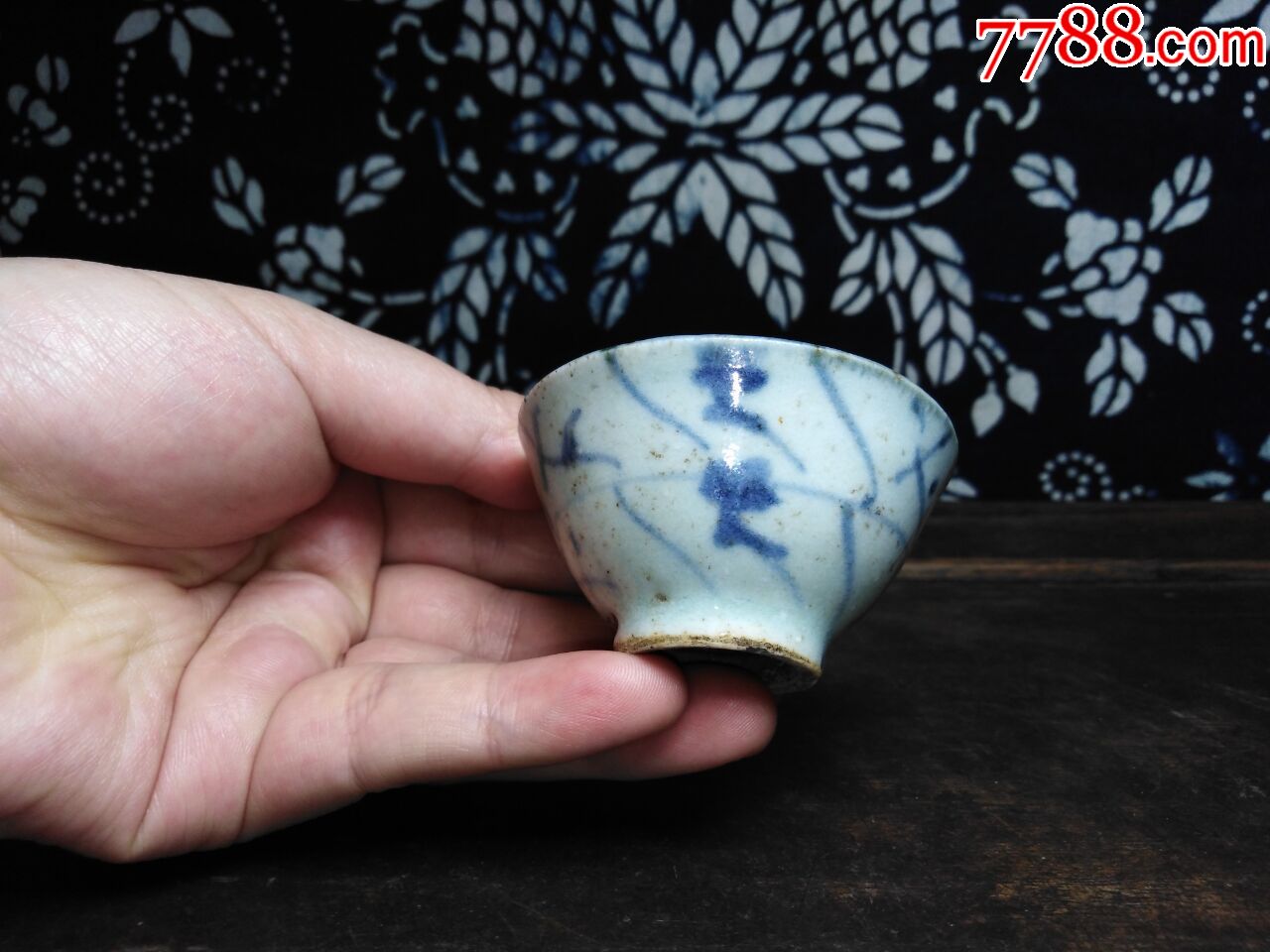 清代青花瓷器老民俗青花灵芝纹酒盅