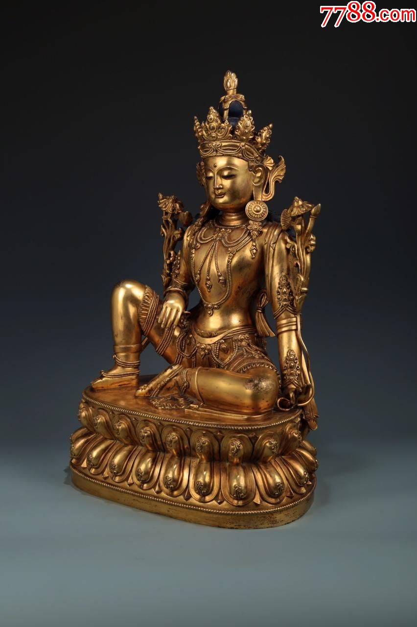 精铸铜胎鎏金转轮王自在观音坐像此尊铜鎏金观世音菩萨一面二臂