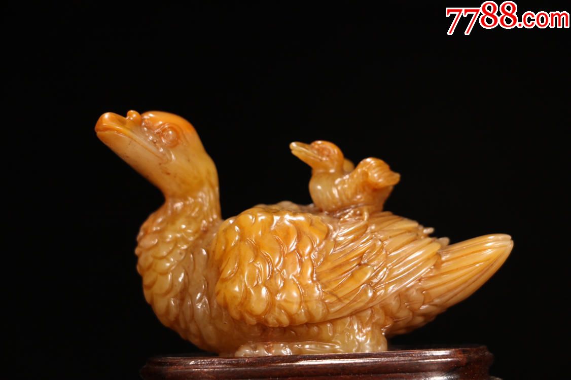 旧藏寿山田黄石雕母子鹅摆件