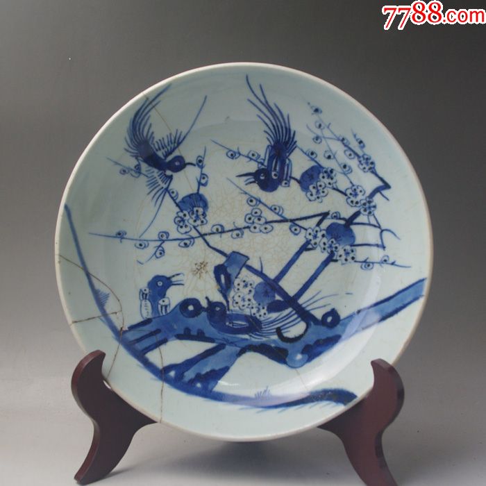 清三代中期喜鹊登梅大盘景德镇明清老青花瓷古董古玩收藏摆件