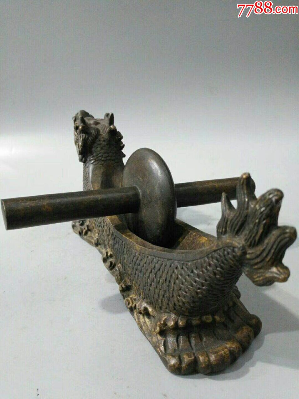 古董古玩老全黄铜手工制龙头鱼药碾摆件