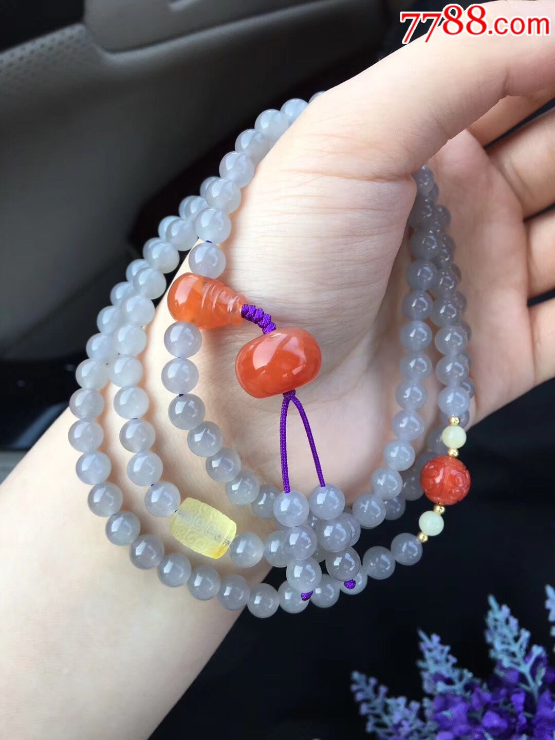 原创美货天然和田玉紫罗兰烟紫色6mm108颗佛珠手链毛衣链