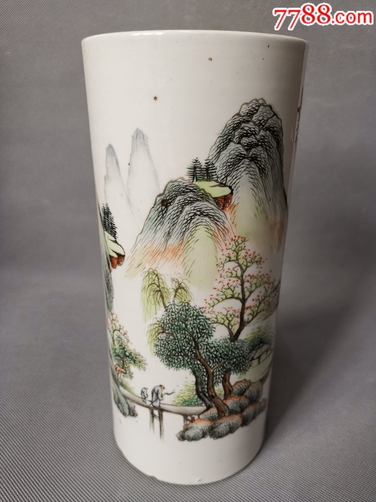 民国浅绛彩山水帽筒高275厘米宽122厘米底一飞皮余全品