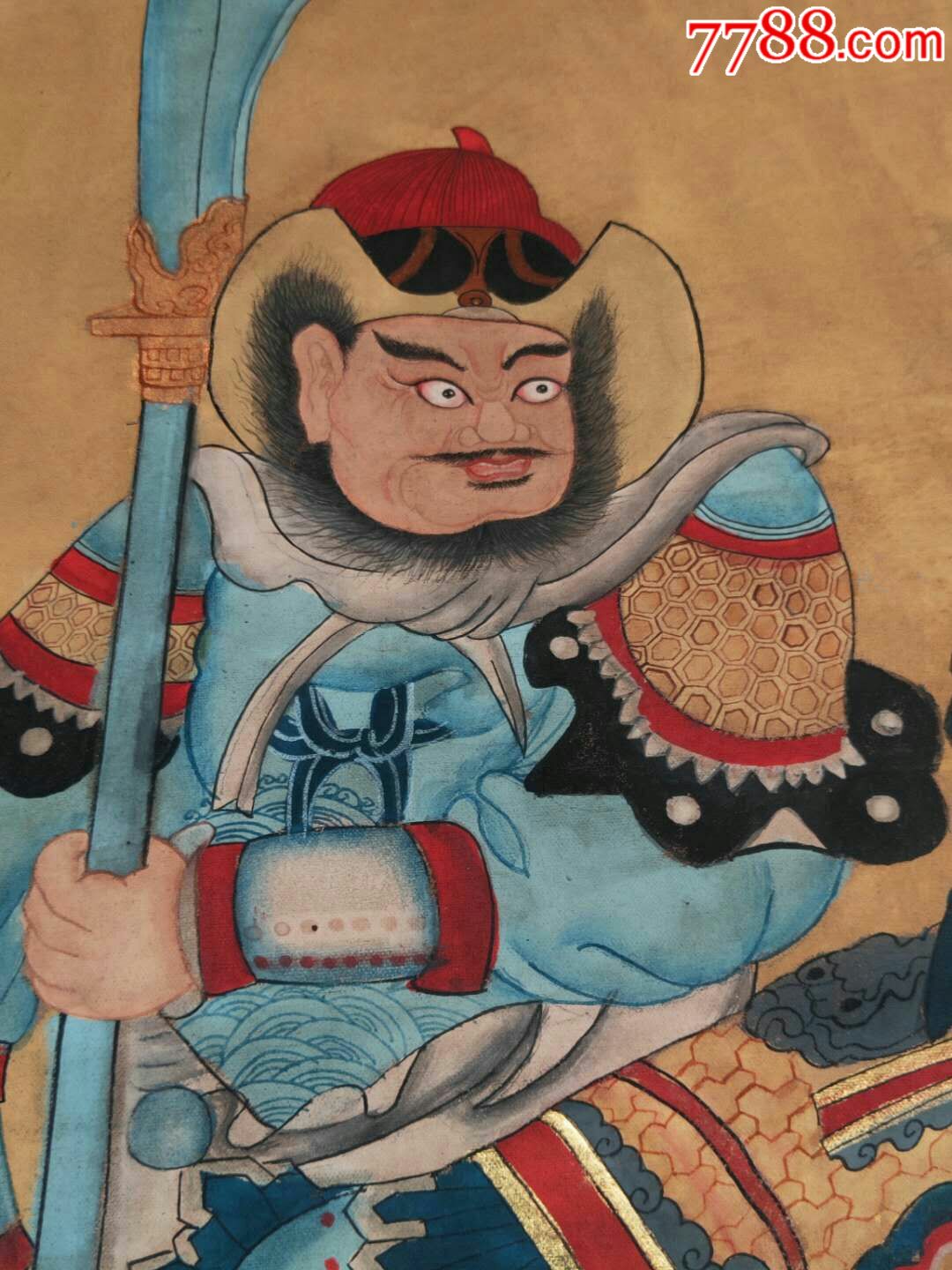清代纯手绘老粗布五彩描金关公阅卷画像一张画工精细人物细节描绘栩