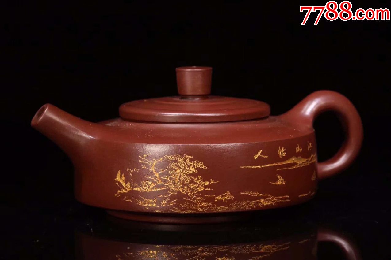 【旧藏老紫砂描金"江山怡人"茶壶】