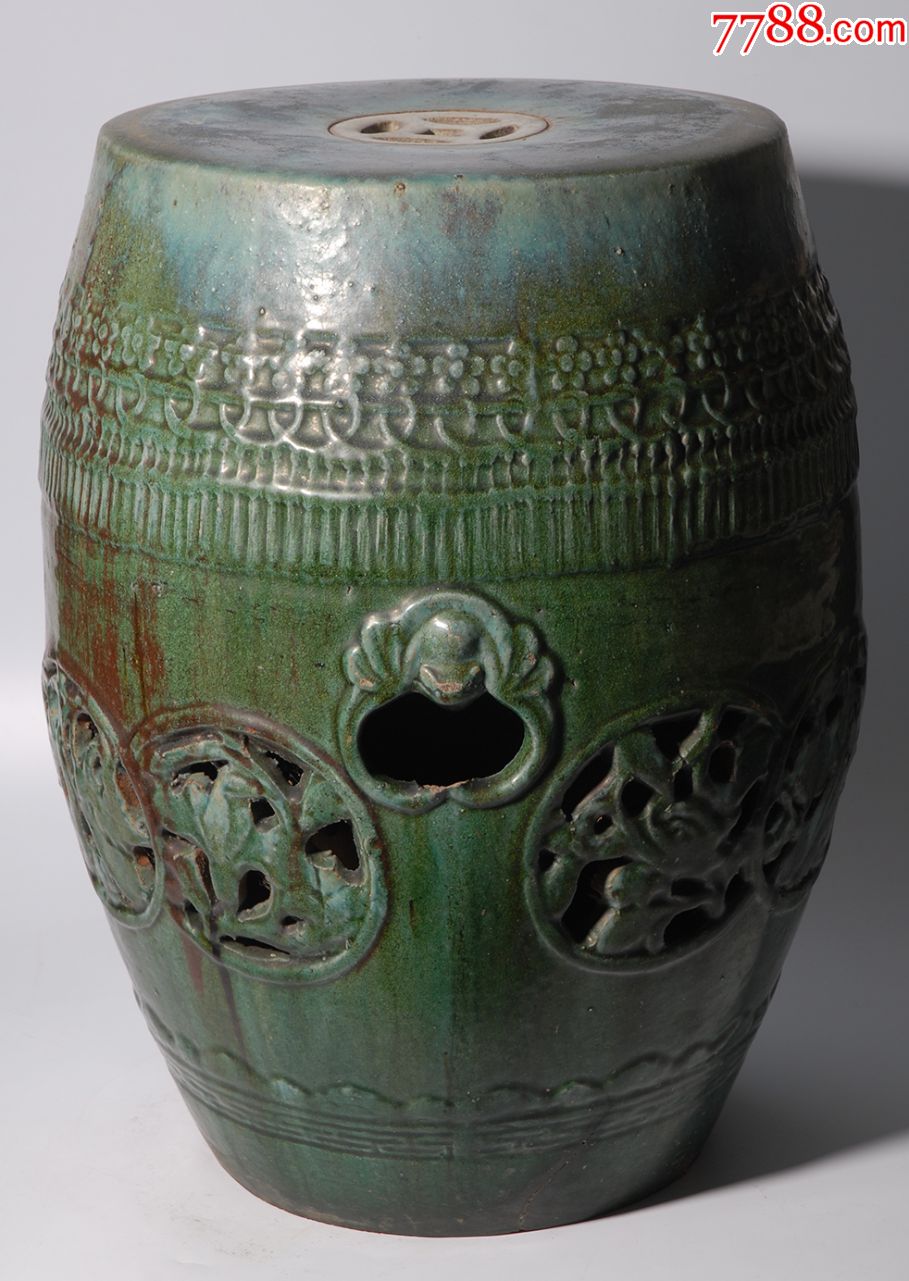 石湾窑绿釉窑变通花鼓形座墩