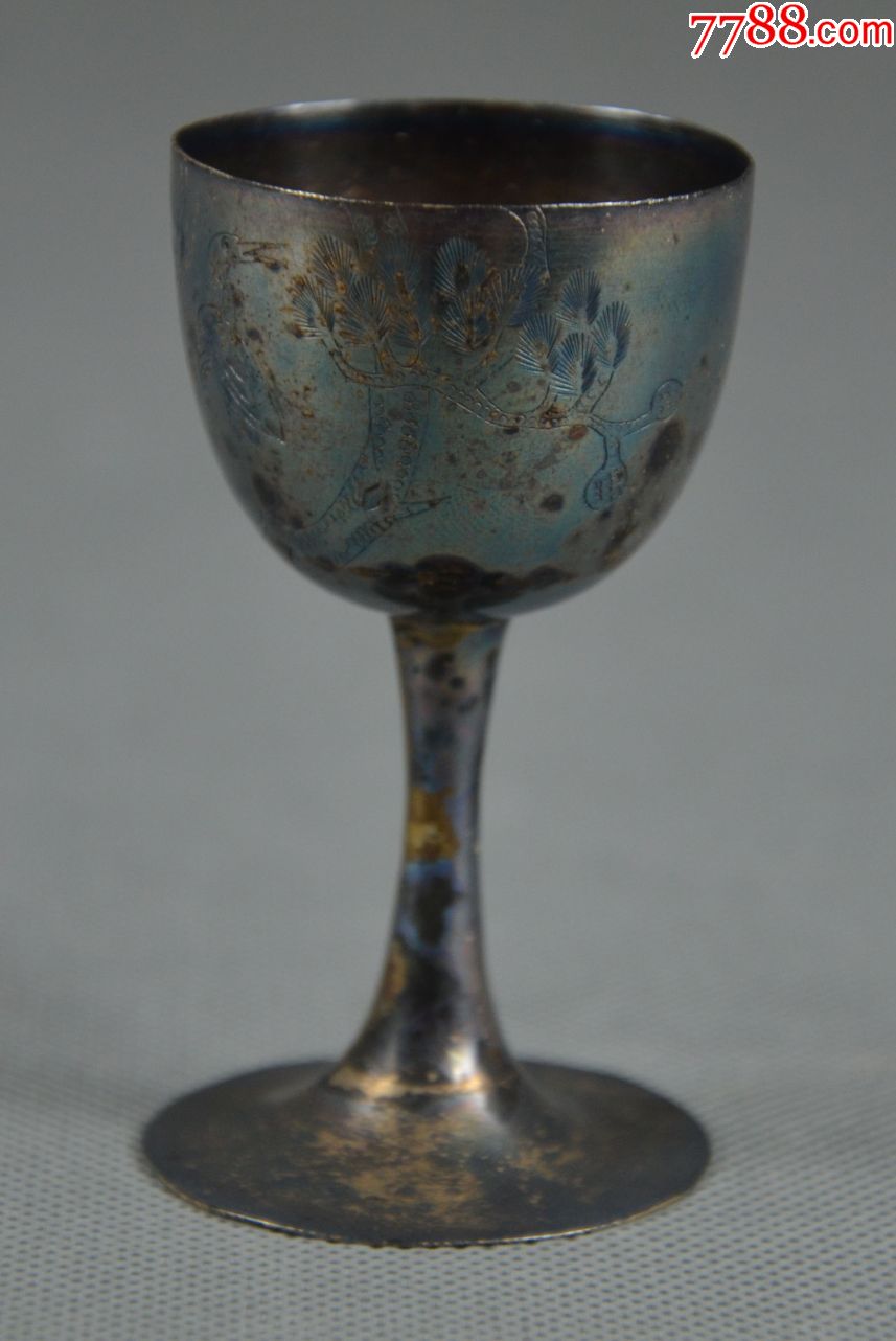 古玩杂项老物件精工打造古董收藏清代松鹤延年忌贪杯银器酒杯