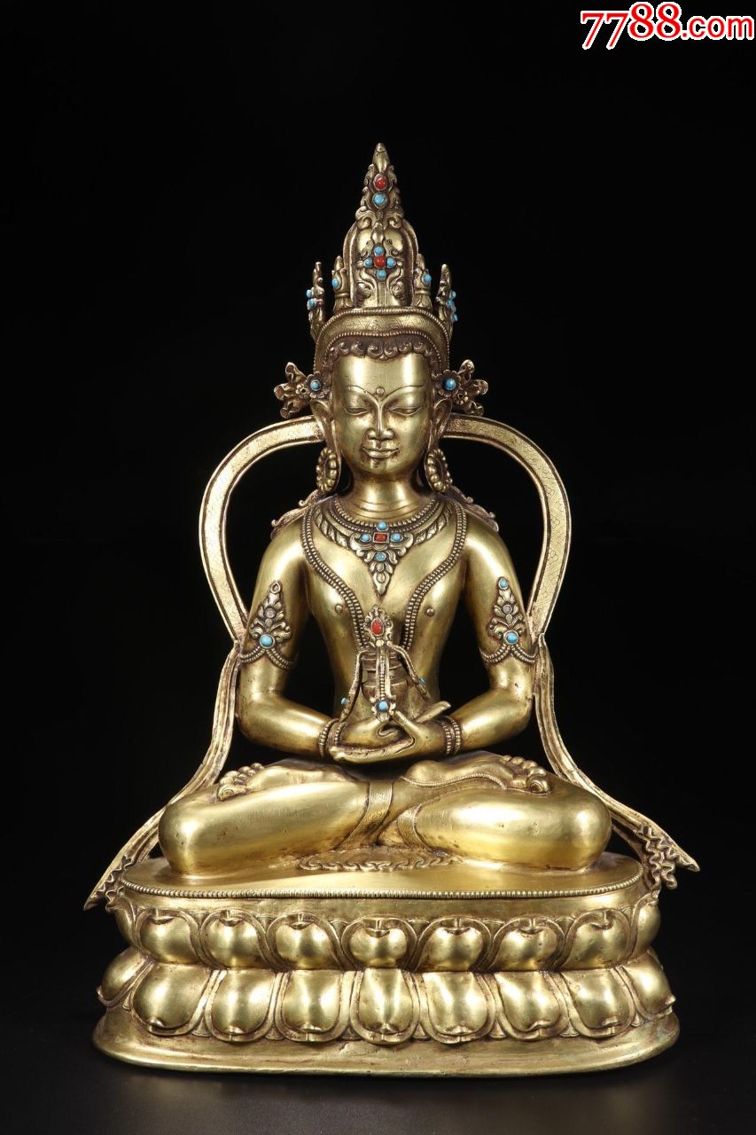 清代:铜鎏金嵌松石玛瑙长寿佛坐像